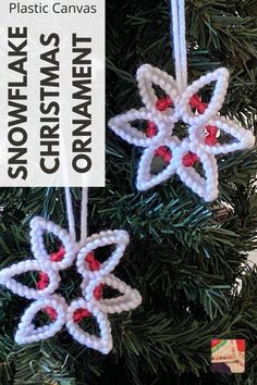 two snowflake ornaments hanging from a christmas tree with the words plastic canvass on them