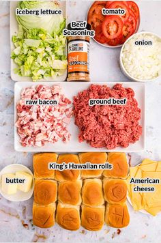 ingredients to make hawaiian sliders laid out on a white plate, including ground beef, diced onions, cheese, and lettuce