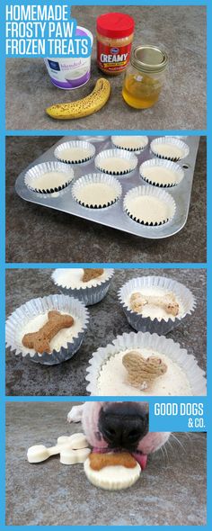 four pictures showing how to make homemade frosted frozen treats for dogs and cats with peanut butter