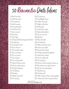 the 50 romantic date ideas list is shown on a red glittered background with text