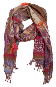 Cozy cotton yarns trimmed with braided fringe define this statement scarf covered in a pretty paisley pattern. 71" x 28" 100% cotton Dry clean Imported Bohemian Brown Pashmina Shawl For Fall, Multicolor Bohemian Pashmina Shawl For Winter, Bohemian Paisley Print Scarves For Fall, Bohemian Patterned Scarves For Fall, Bohemian Paisley Print Scarf For Fall, Fall Pashmina Scarf With Paisley Print, Fall Paisley Print Pashmina Shawl, Festive Bohemian Multicolor Scarf, Bohemian Pashmina Scarves With Paisley Print