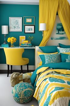 a bedroom with yellow and teal colors on the walls, bedding and curtains