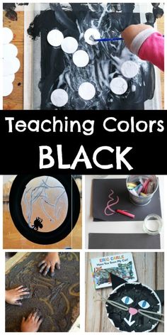 black and white pictures with the words teaching colors in it, including handprints