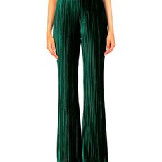 Chenille, Folds, High Waisted, Flare And Wide Leg. Regular Fit And No Pockets. Green Straight Pants For Evening, Evening Green Trousers, High Waist Green Bottoms For Evening, Green Long Pants For Evening, Green Evening Trousers, Green Stretch Bottoms For Evening, Stretch Green Bottoms For Evening, High Waisted Palazzo Pants, Gold Pants