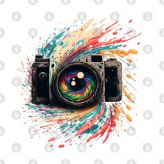 a camera with colorful paint splatters around it