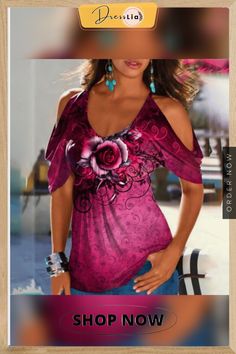 New Summer Women Fashion Sexy Rose Printed T Shirt V Neck Slim Tunic Top Lady Casual Short Sleeves Off Shoulder Tees Graphic Pullover Top Short Sleeve Rose Print Tops For Summer, Trendy Rose Print Tops For Summer, Pink Rose Print T-shirt For Summer, Summer V-neck Top With Rose Print, Graphic Pullover, Rose Print, Women's Summer Fashion, Tunic Top