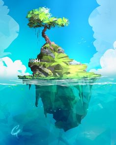 an island floating in the ocean with a tree on top