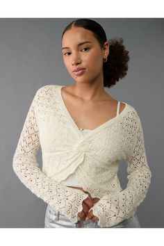 Pointelle sweater knit/Plunge v-neck/Twist front detail Balloon Sleeve Cardigan, Bodycon Sweater, Pointelle Sweater, Pointelle Knit, Crochet Halter Tops, American Eagle Sweater, Women's Sweaters, Light Sweater, Mens Outfitters