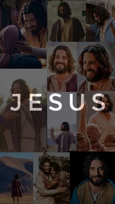 jesus collage with images of people and the word jesus on it in white letters