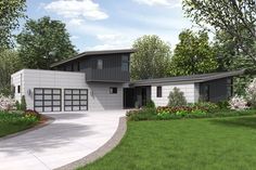 this is an artist's rendering of a modern house in the suburbs with driveway and garage