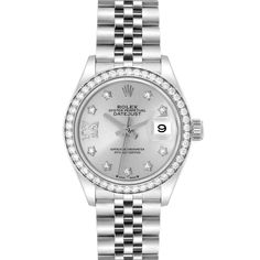 Rolex Datejust Steel White Gold Silver Dial Diamond Ladies Watch 279384. Officially certified chronometer automatic self-winding movement. Stainless steel oyster case 28.0 mm in diameter. Rolex logo on a crown. Original Rolex factory diamond bezel. Scratch resistant sapphire crystal with cyclops magnifier. Silver dial with original Rolex factory diamond hour markers in star setting. A diamond-filled Roman numeral at the 9 o'clock position. Date calendar at 3 o'clock aperture. Stainless steel jub Rolex Silver Woman, Rolex White Gold, Women’s Rolex Watches, Gold Rolex Women, Rolex Silver, Rolex Datejust Women, Birthday 27, White Gold Watch, Star Setting