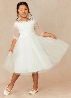 Azazie Dina Flower Girl Dress Flower Girl Dresses | Azazie Tulle First Communion Dress With Floral Applique, Tea Length Flower Girl Dress, White Flower Girl Dresses, Feel Like A Princess, Tea Length Dresses, Dress Flower, Matte Satin, Flower Girl Dress, Tea Length