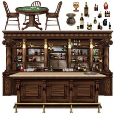 an old fashioned bar with stools and bottles on the shelves, including two chairs