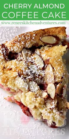 a slice of cherry almond coffee cake on a white plate with the title above it