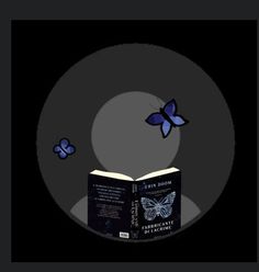 an open book with butterflies flying around it