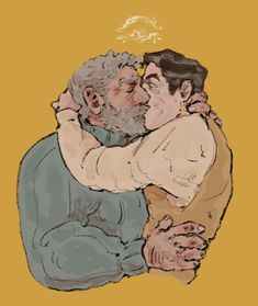 an older man is hugging another old man