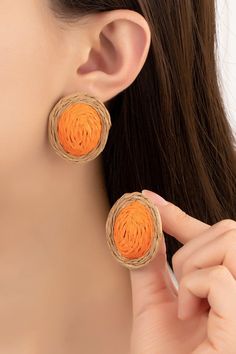 raffia straw button stud earringssize: 1.0"Made In: China Shoes With Jeans, A Style, Made In China, Bag Sale, Orange Color, Timeless Elegance, Straw, Shoe Boots, Stud Earrings