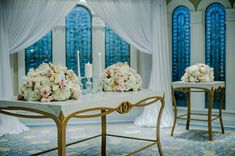 the table is decorated with flowers and candles