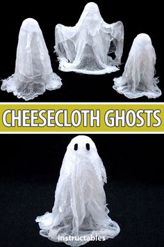 three different pictures of fake ghost heads with white fabric on them and the words, cheesecloth ghosts