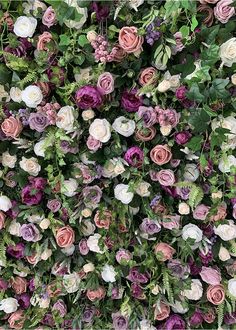 a large group of flowers that are on the side of a wall with green leaves