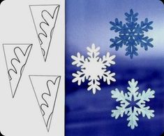 paper snowflakes are cut out and placed on a blue background to make an ornament