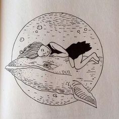 an open book with a drawing of a woman floating on top of a dolphin's head