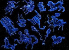 some very pretty blue animals and people in the night sky with stars behind them on a black background