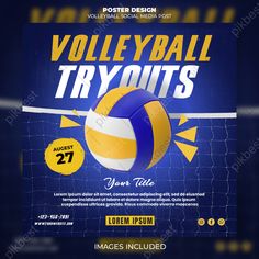 volleyball tryouts flyer template with yellow and blue balls