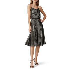 Gold metallic woven (100% Polyester). Full skirt. Sleeveless. Cowl neckline. Halter neck tie closure. Fully lined. 44.5" from shoulder to hemline. Imported. Rent Dresses, Elegant Cocktail Dress, Rent The Runway, Dress The Population, Black Dresses Casual, Line Dress, Sequin Fabric, Gold Dress, Buy Dress