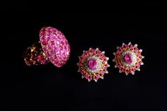 Large Burmese ruby studs set with unheated rubies and diamonds in 22k. This is a vintage style, built on traditional Burmese designs that also show Indian influence. The natural rubies weigh 2.8ctw in all, a pinkish red most visible at the two centre stones, and a recognisable Burmese hue. These studs are an ornate classic 'royal' style, the scalloped details seen in cherished antiques everywhere. The stones cluster in a two tone gold body, white prongs follow white diamonds, yellow prongs follo Traditional Hallmarked Ruby Ring, Traditional Round Ruby Ring, Traditional Yellow Gold Ruby Ring, Traditional Ruby Ring For Formal Occasions, Wedding Pink Sapphire Earrings, Ruby Stud Earrings, Rubies And Diamonds, Ruby Earrings Studs, Burmese Ruby