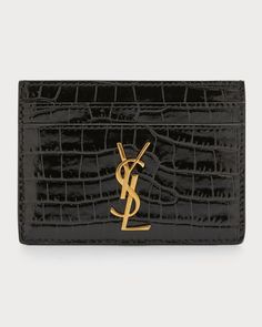 "Find SAINT LAURENT Ysl Monogram Card Case In Croc-embossed Leather on Editorialist. Saint Laurent card case in crocembossed calf leather Signature YSL monogram Golden hardware Center slip compartment Exterior, four card slots Approx. 4.1\"H x 3\"W x 0.2\"D Made in Italy" Ysl Card Case, Ysl Card Holder, Ysl Wallet, Leather Card Case, Birthday Wishlist, Cute Little Things, Card Holders