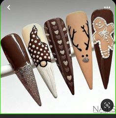 Toe Nails Christmas, Reindeer Nail Designs, Christmas Stilleto Nails, Nail Details, Xmas Nail Art, Nails Holiday, Coffee Nails, Christmas Gel Nails, Nails Winter