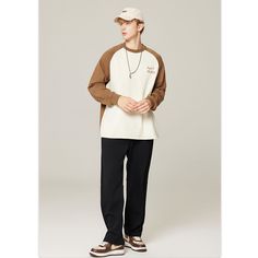 Unisex Color Block Raglan Shoulder Embroidery Long-Sleeved Pullover T-Shirt - graphictee.co Oversized Casual Top With Letter Embroidery, Casual White Top With Letter Embroidery, Casual Beige Crew Neck Sweater, Casual Crew Neck Top With Letter Embroidery, Beige Cotton Crew Neck Tops, Casual Relaxed Fit Tops With Letter Embroidery, Oversized Long Sleeve Sweater With Letter Embroidery, Brown Crew Neck Sweatshirt For Spring, Casual Long Sleeve Sweater With Letter Embroidery