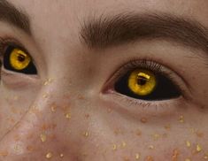 Closely cropped face looking up and to the left, showing from eybrows to nose. The eyes are edited with black sclera and gold irises. There are yellow paint freckles across the nose and cheeks. Orange Eye Color, Orange Eyes, Demon Eyes, Golden Eyes, Aesthetic Eyes, Gold Eyes, Fantasy Aesthetic, Yellow Eyes, Yellow Aesthetic