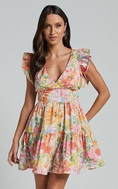 Jeanise Mini Dress - Flutter Sleeve Tiered Dress in Summer Floral Rush Outfits, Church Fits, Orange Floral Print, Feel Empowered, Draped Midi Dresses, Casual Preppy Outfits, Casual Night Out, Day Party, Dress Silhouette