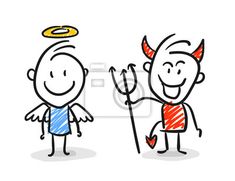 two cartoon characters with devil horns, one holding a staff and the other pointing at an angel