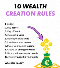 a poster with the words 10 health creation rules on it and money coming out of a bag