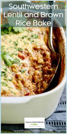 a casserole dish filled with lentil and brown rice, topped with parsley