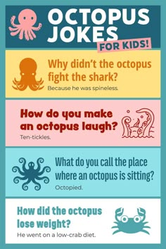 A list of funny octopus jokes for kids of all ages. Grandpa Jokes, Funny Octopus, Kid Puns, Husband Wife Jokes, Kids Questions, Kids Notes, Funny Marriage, Lame Jokes