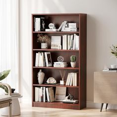 a bookshelf filled with lots of books in a living room next to a window