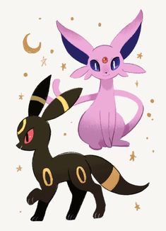 two pokemons standing next to each other in front of stars and the moon behind them