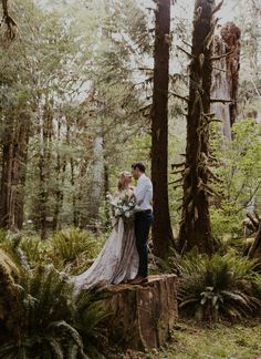 a bride and groom standing on a log in the woods