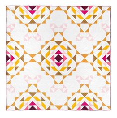 a white quilt with pink, yellow and orange designs on the front is an abstract design