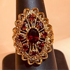 Stunning 375 Yellow Gold European Antique Filigree Garnet Dinner Ring! Size 8. This Is A “Must Have” Ring For Collectors. Big And Beautiful, The Vintage Metalwork Is Impeccable And The Excellent Garnet Stones Set To Their Greatest Advantage! This Ring Makes Its Own Statement. Bought At An Estate Sale In The Historic Section Of Memphis, Tennessee, I’m Sure It Was Probably Worn By A Sassy Southern Belle For Her Coming Out Celebration! Own A Piece Of History! From My Personal Collection. Please See Heirloom Style Red Ruby Ring With Filigree, Elegant Red Gemstone Filigree Ring, Elegant Red Filigree Ring, Collectible Ruby Ring In Fine Jewelry Style, Classic Ruby Ring Collectible, Red Oval Filigree Ring For Formal Occasions, Exquisite Filigree Ring For Formal Occasions, Red Filigree Ring For Formal Occasions, Classic Collectible Ruby Ring