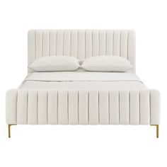 a white bed with two pillows on top of the headboard and foot board, in front of a white background