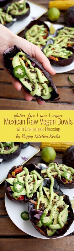 the mexican raw vegan bowls with guacamole dressing are ready to be eaten