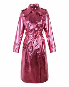 Who doesn't love shiny? A fully lined metallic pink trench coat with a ten button double breasted front. Split in the back and a matching tie/belt. Measurements Shoulders:  up to 32" Arm Length: 23" Bust: up to 36" Waist: up to 36" Hips: up to 40" Length: 45" Shiny Spring Party Outerwear, Spring Party Shiny Outerwear, Double-breasted Belted Party Outerwear, Spring Party Outerwear With Shiny Details, Fitted Belted Pink Outerwear, Pink Double-breasted Outerwear For Party, Pink Trench Coat, Metallic Pink, Tie Belt