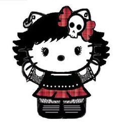 the hello kitty character is wearing a red and black dress with skulls on her head