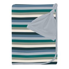 a blanket with blue, green and white stripes