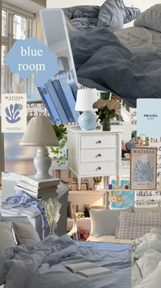 a collage of blue and gray bedroom decor with bedding, pillows, lamp, dresser